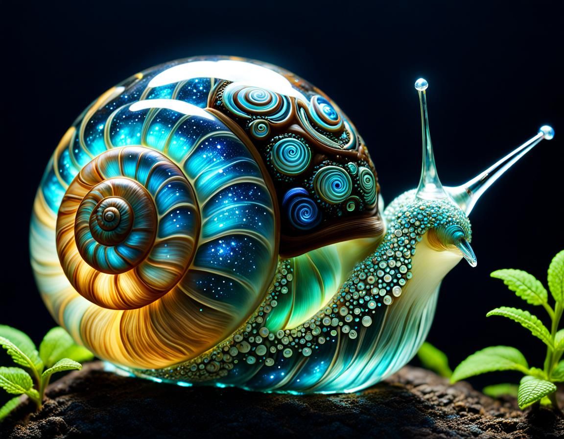Bioluminescent Glass Snail in Galactic Night Sky