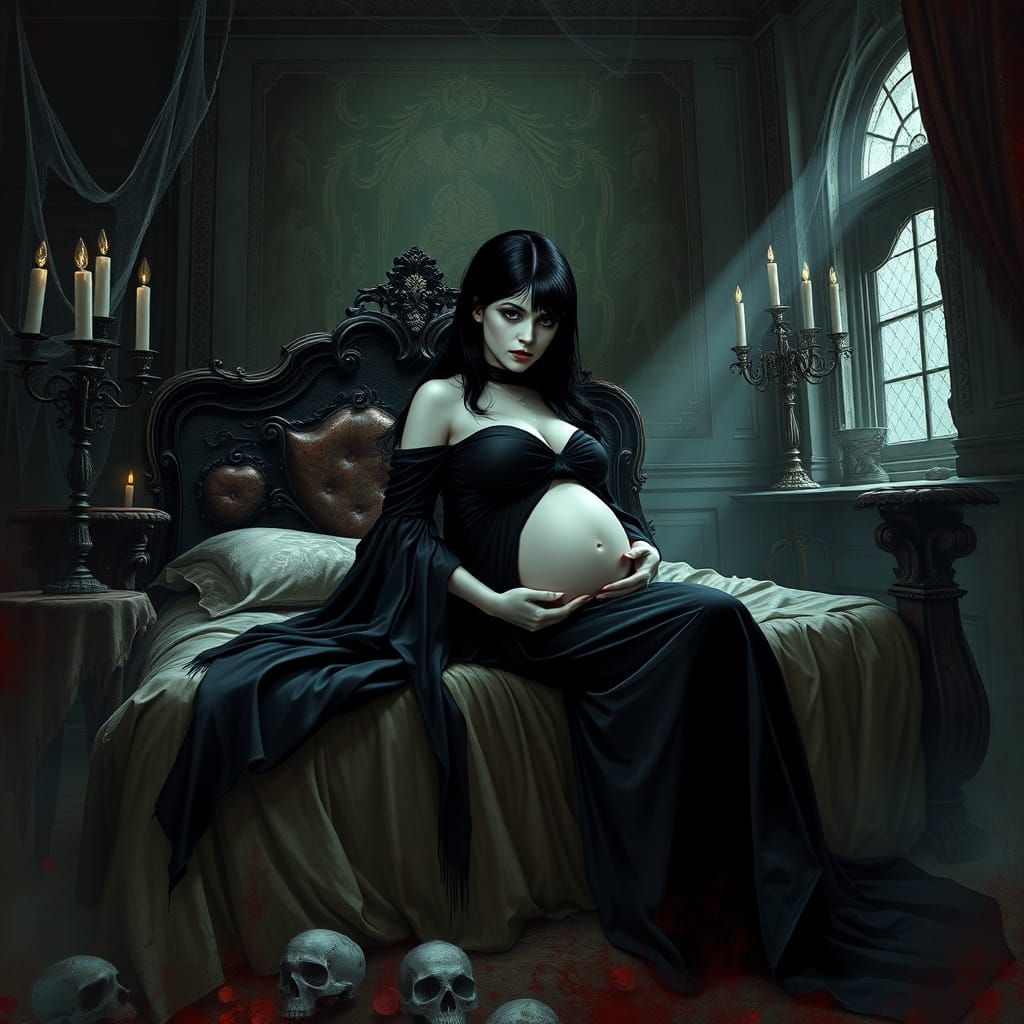 Ethereal Vampire Woman Amidst Gothic Mansion Decay