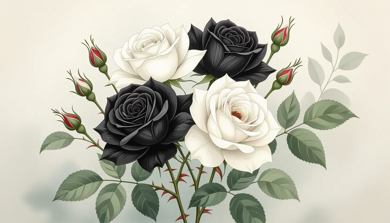 Black and White Roses in Watercolor Style