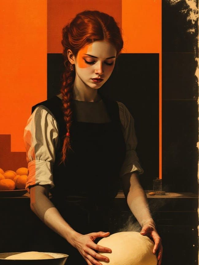 Redhead Baker Kneading Dough in Luminous Kitchen