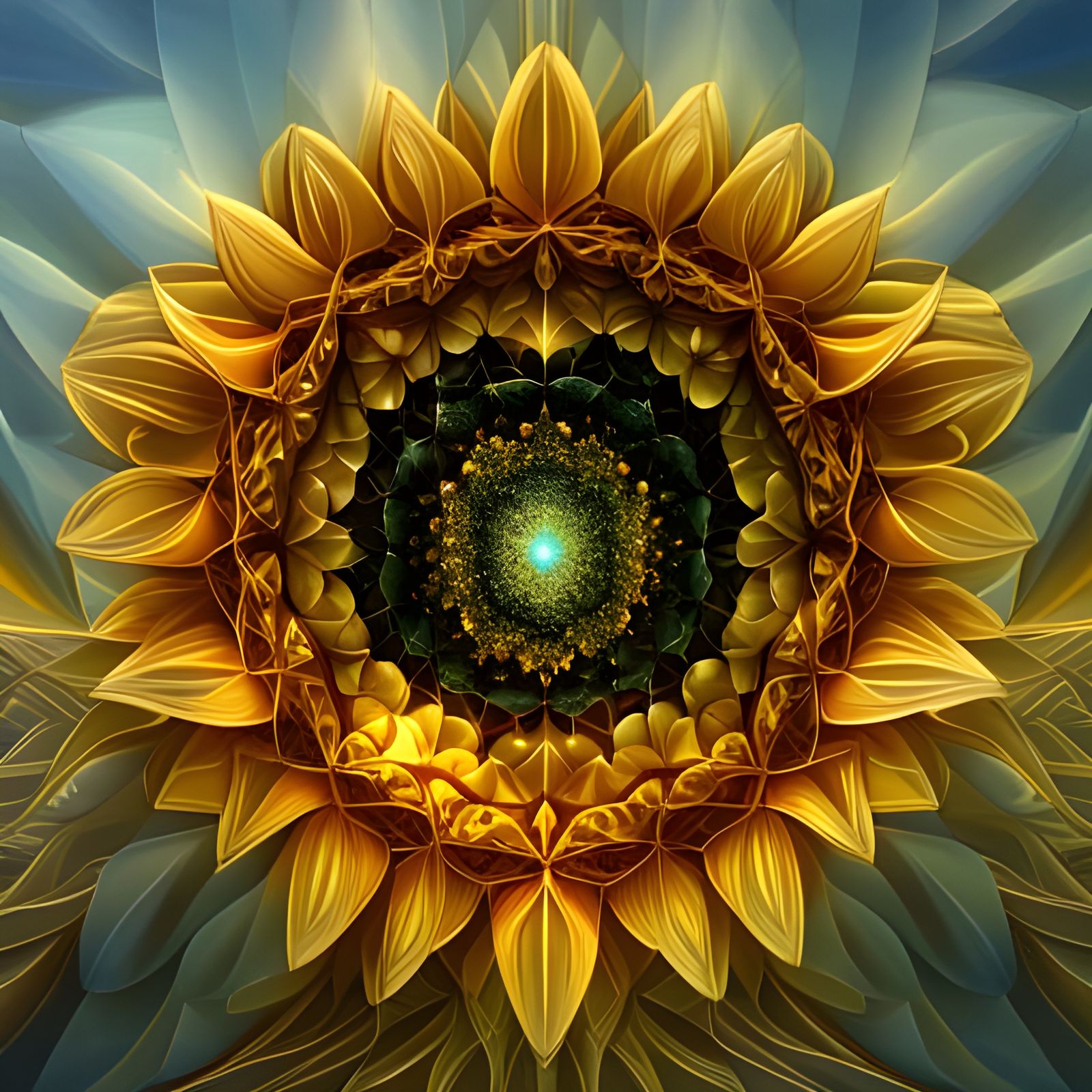 Golden Bioluminescent Sunflower in Geometric Fractal Style