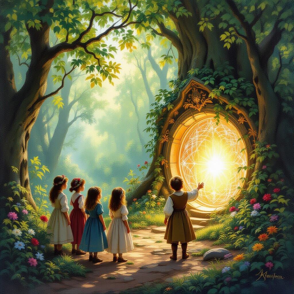 Enchanted Forest Portal with Children in Oil Painting Style