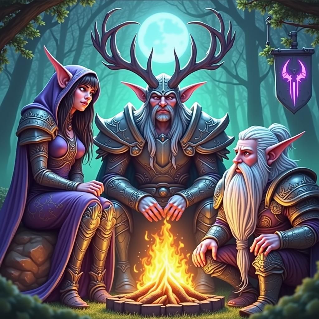 WoW Adventurers Around Campfire on Moonlit Night