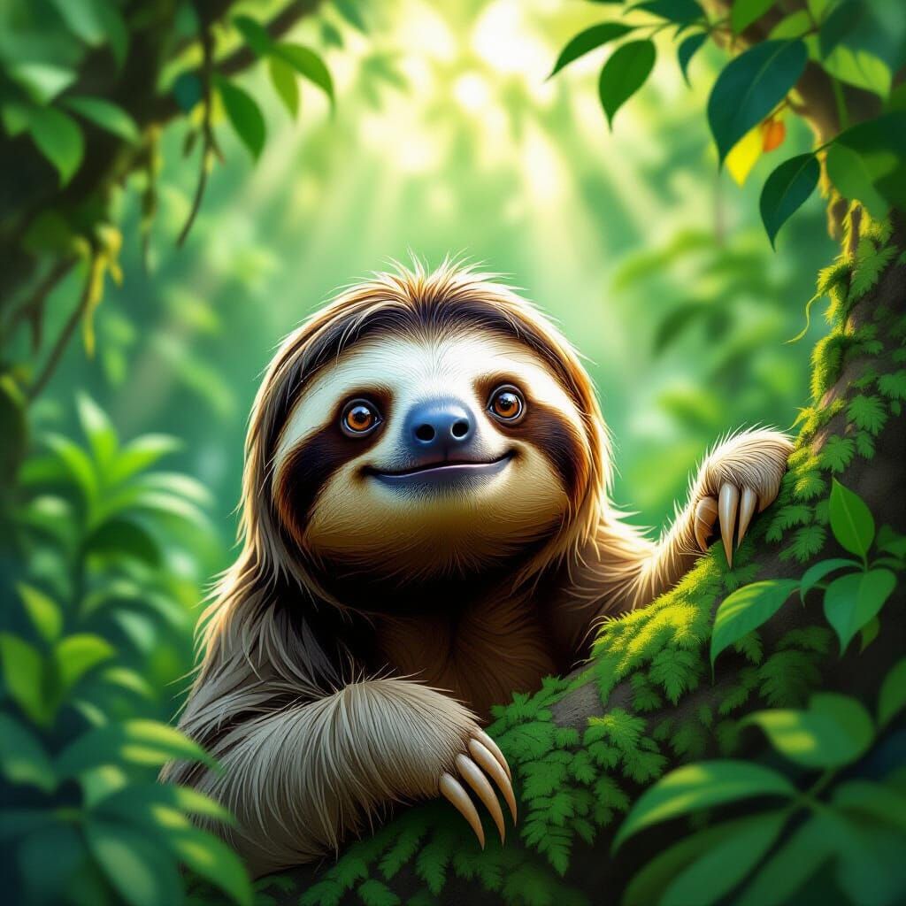 Determined Sloth Grins in Lush Jungle Sunrise