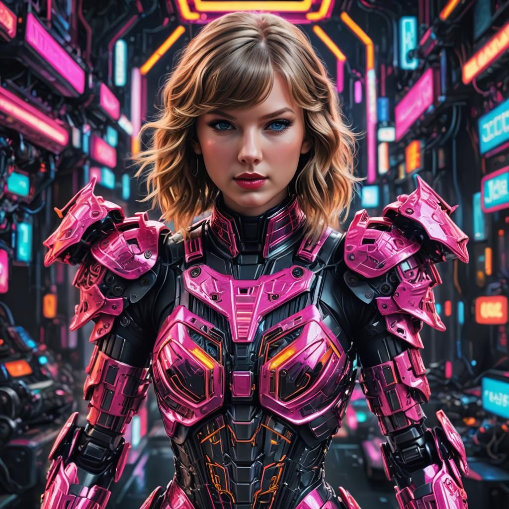 Taylor Swift in Neon Robot Armor: Hyperrealistic