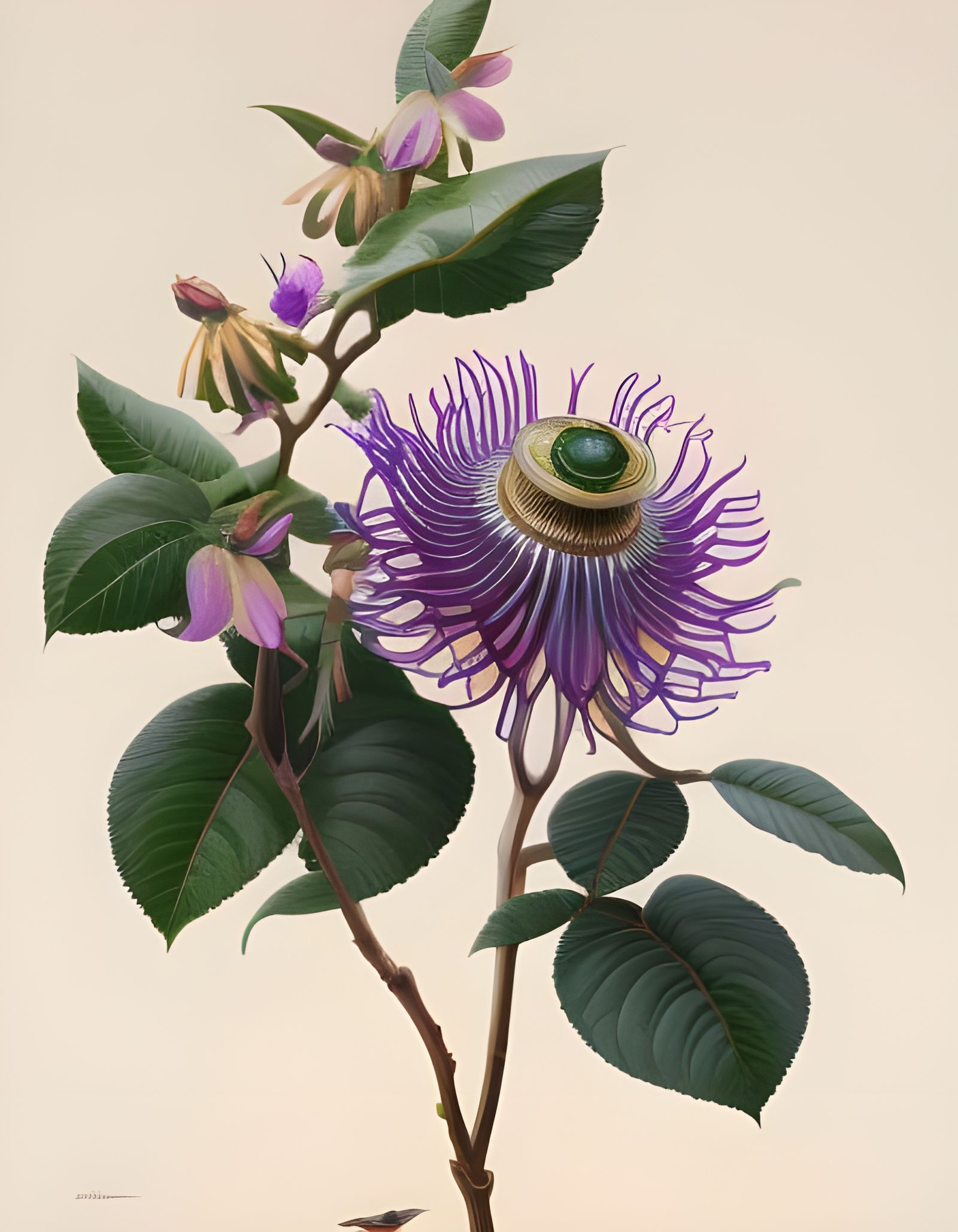 Surreal, Intricately Detailed Floral Painting in Triadic Col...