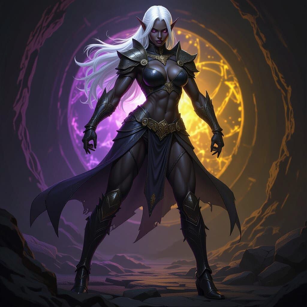 Muscle-Bound Drow Elf with White Hair in Dark Fantasy Style