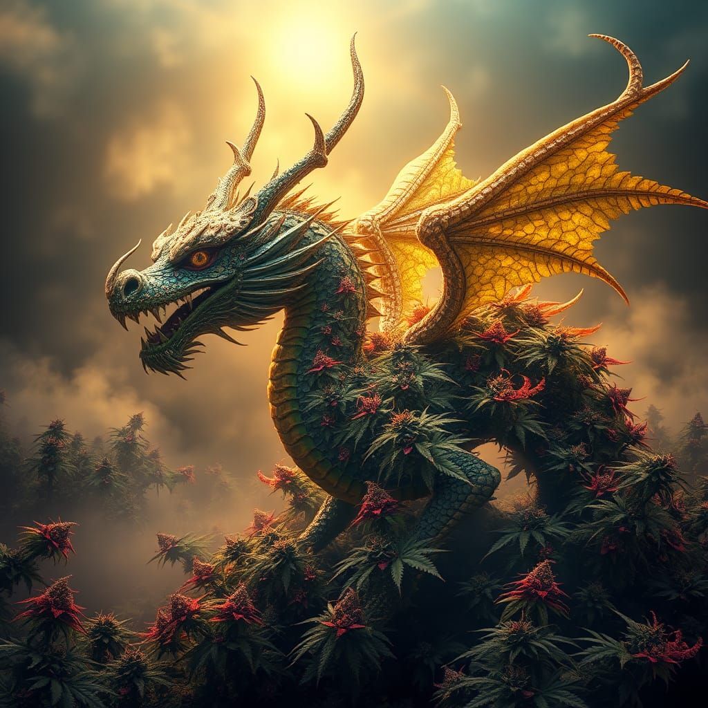 Cannabis Dragon in Surreal Digital Art Style
