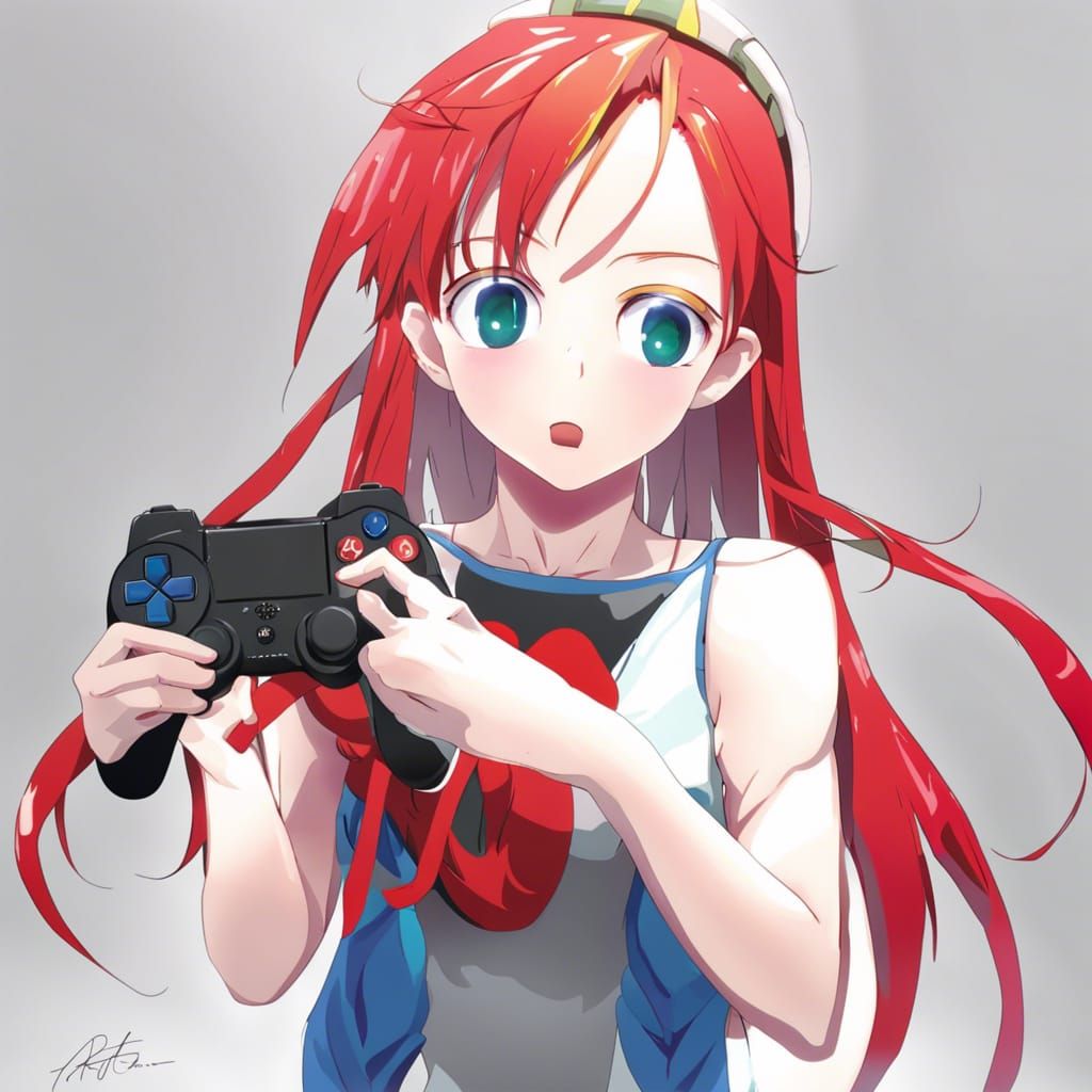 Red-Haired Anime Girl with PlayStation