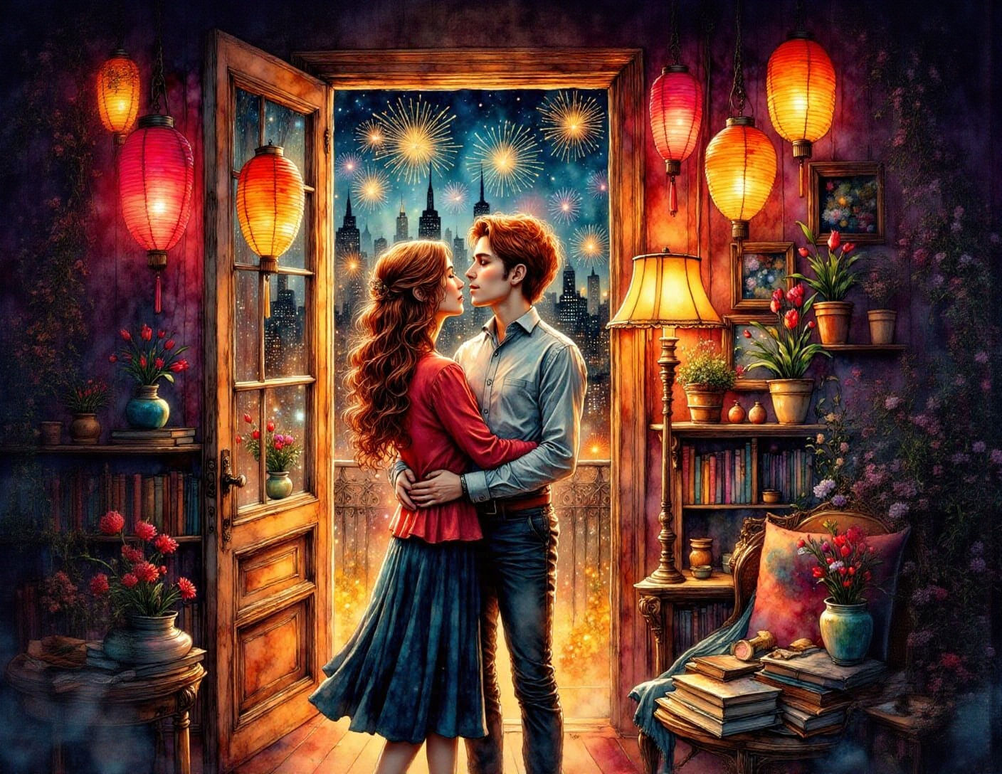 Vibrant Couple Amidst Paper Lanterns and Fireworks