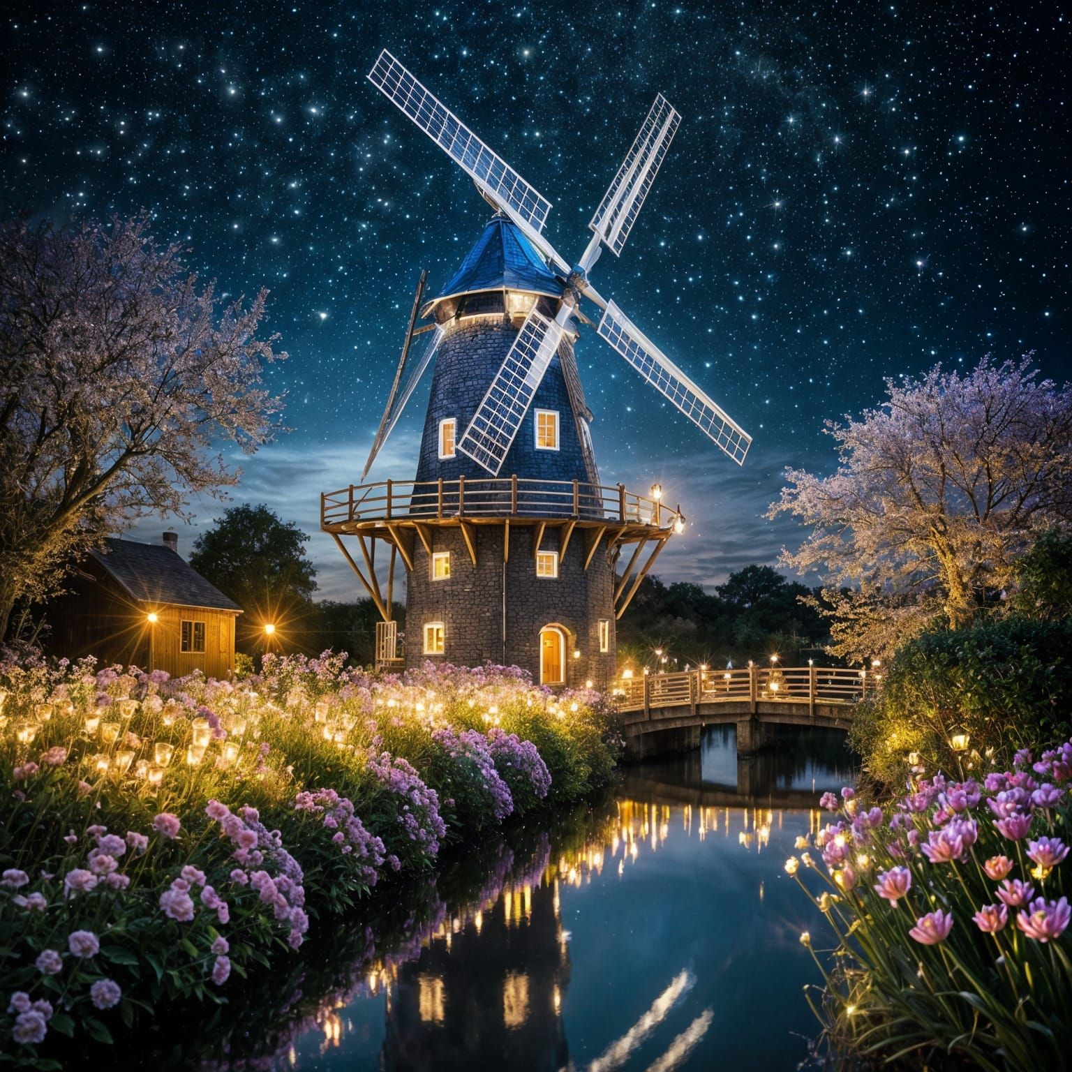 Enchanted Windmill at Night with Twinkling Stars