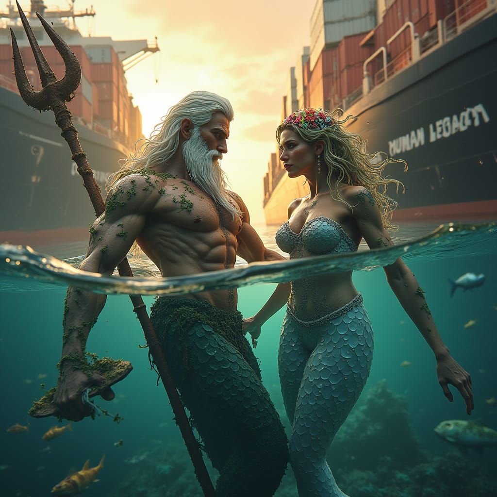 Goddly Muscular Poseidon Amidst a Hyperrealistic Oceanic Wre...