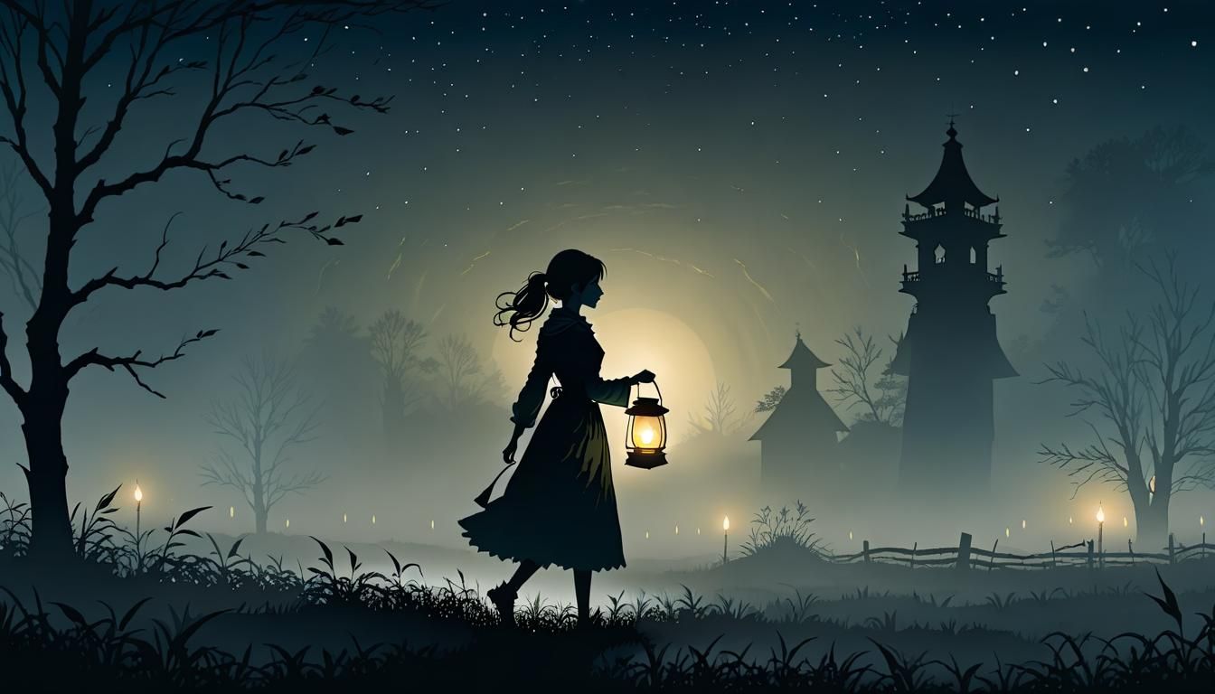 Silhouette Girl with Lantern in Foggy Field