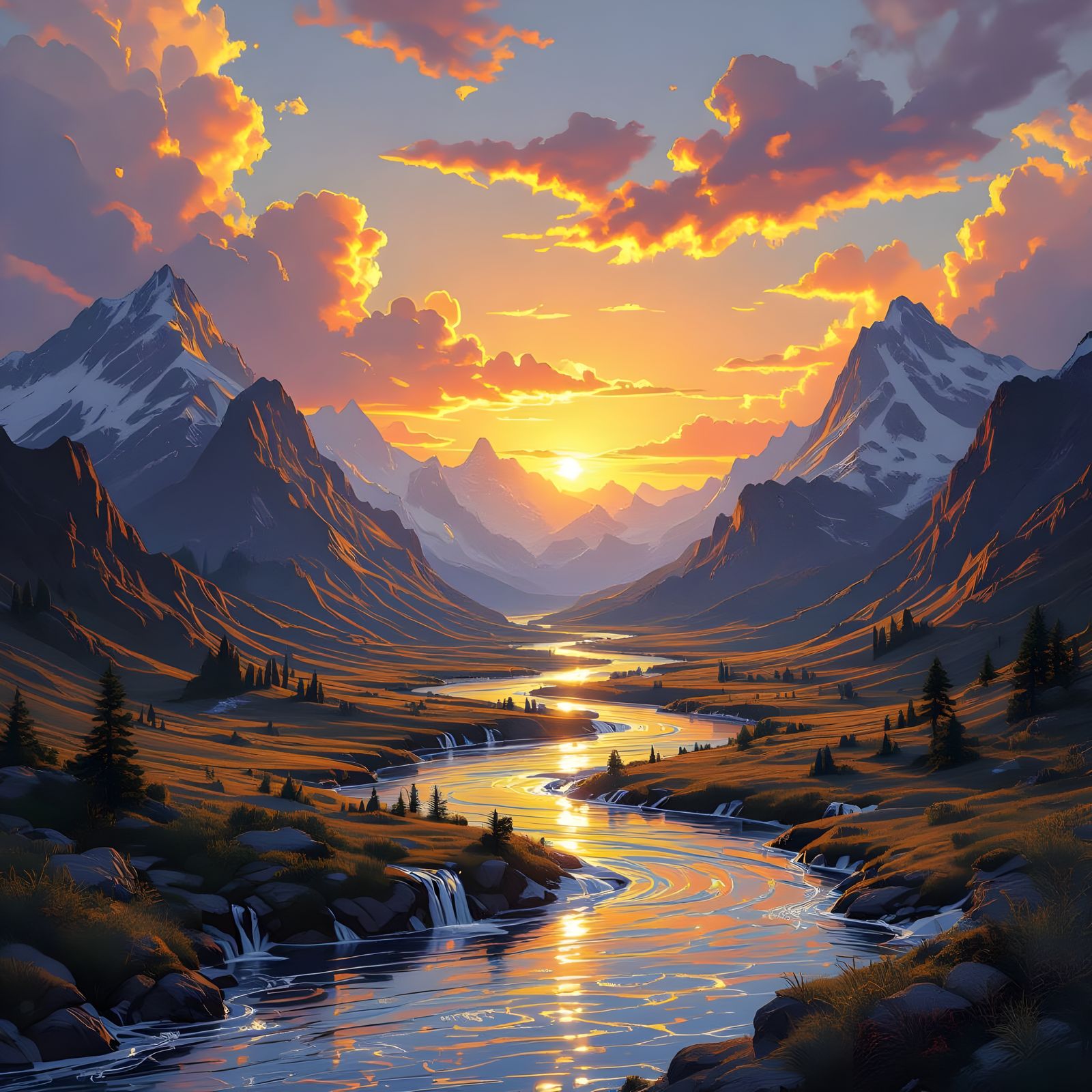 Molten Gold Mountains Flowing into Silver Rivers, Sunset Sky