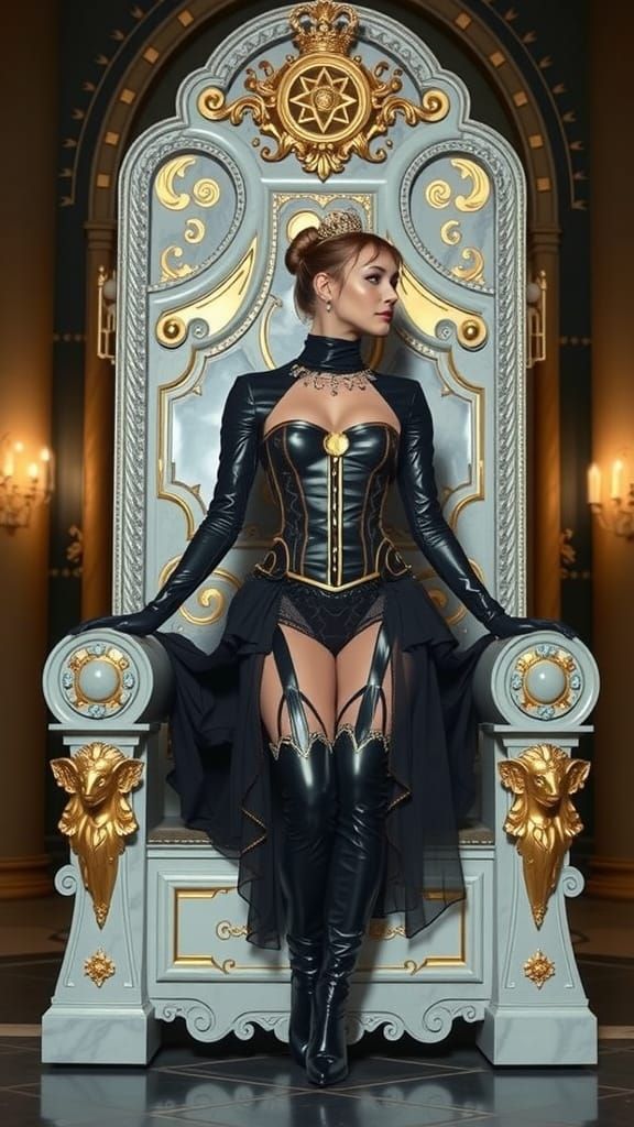Regal Gothic Sci-Fi Queen in Black Marble Throne Room