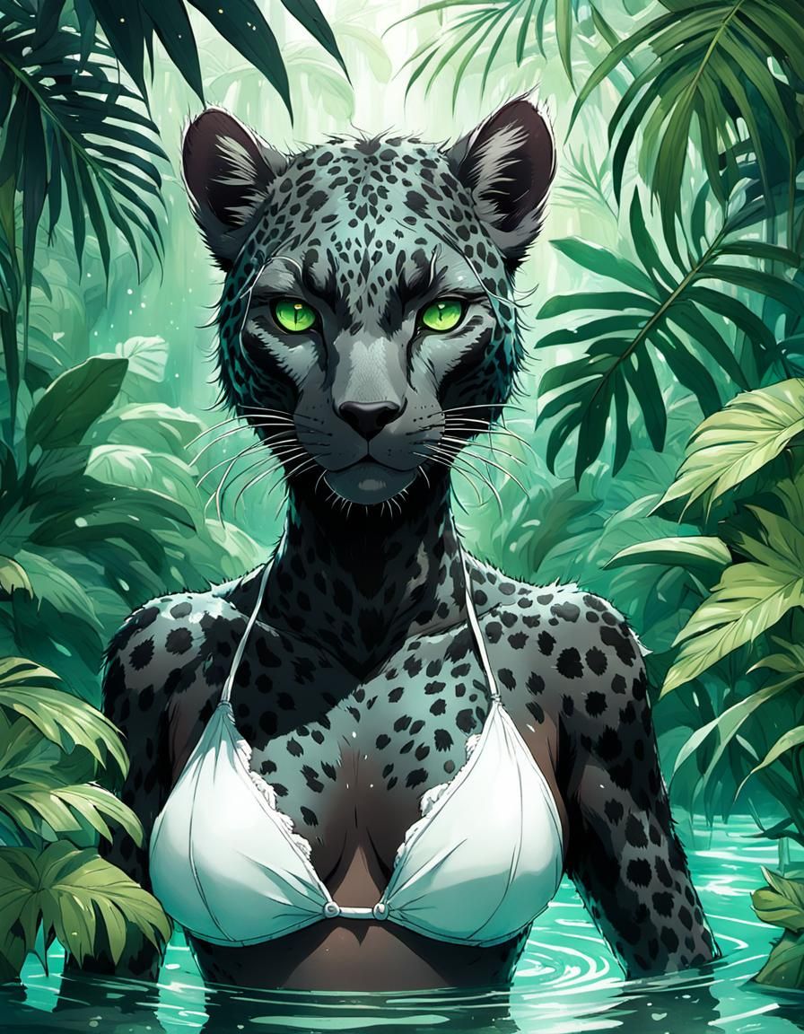 Art Nouveau Leopard Woman in Jungle Pool