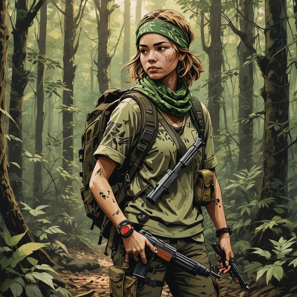 Woman with AK-47 in Banksy Stencil Art Style