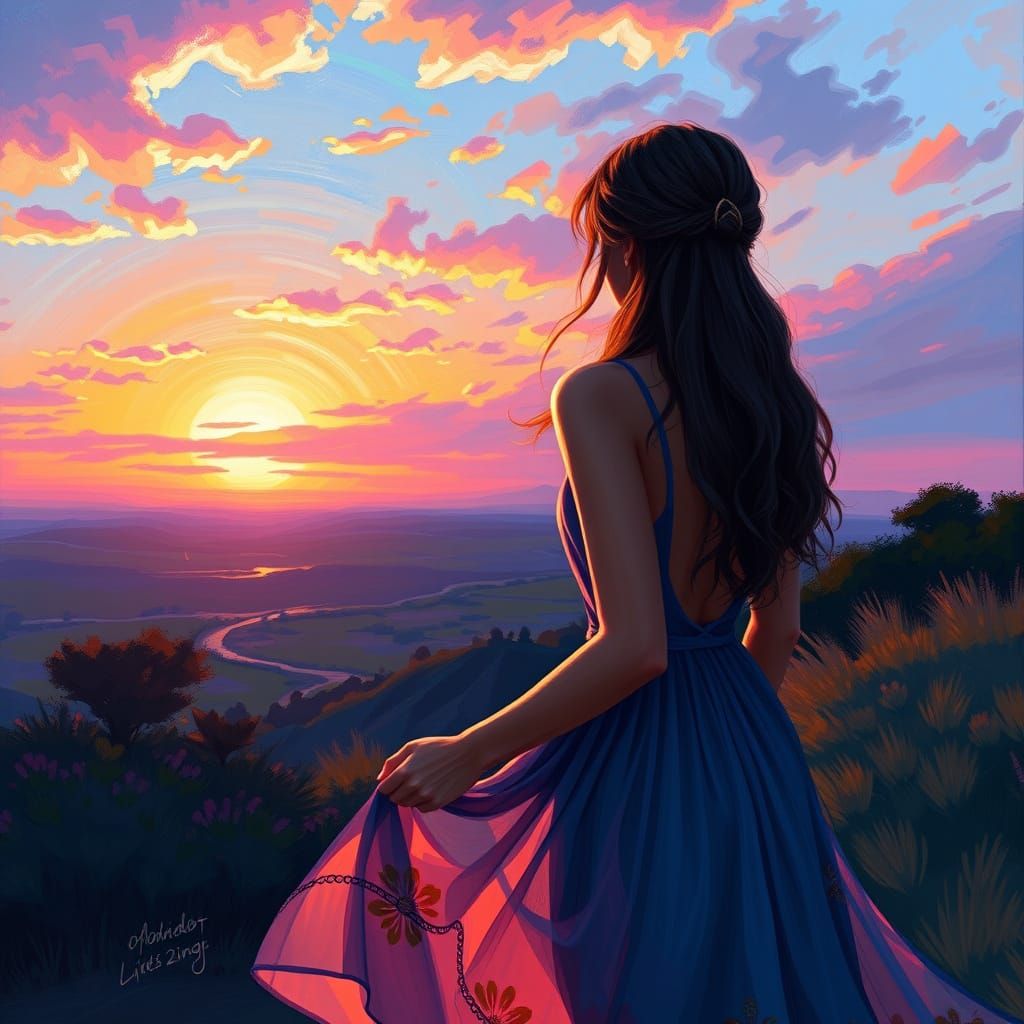 Woman Gazing at Sunset in Impressionist Style