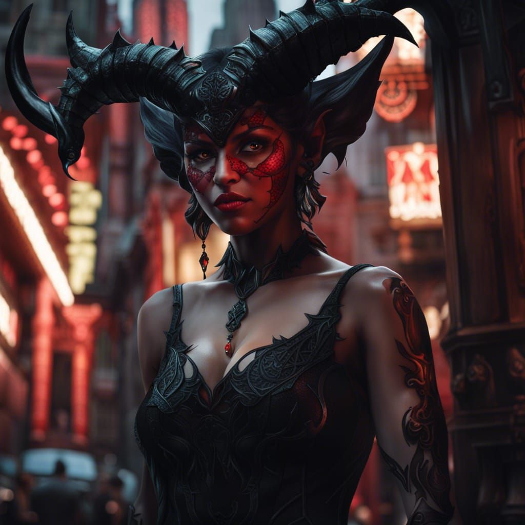 Hyperrealistic Demoness in City Alley, Fantasy Art Style