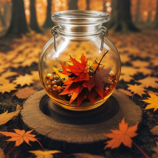 A glass vial containing a magical amber liquid in an autumna...