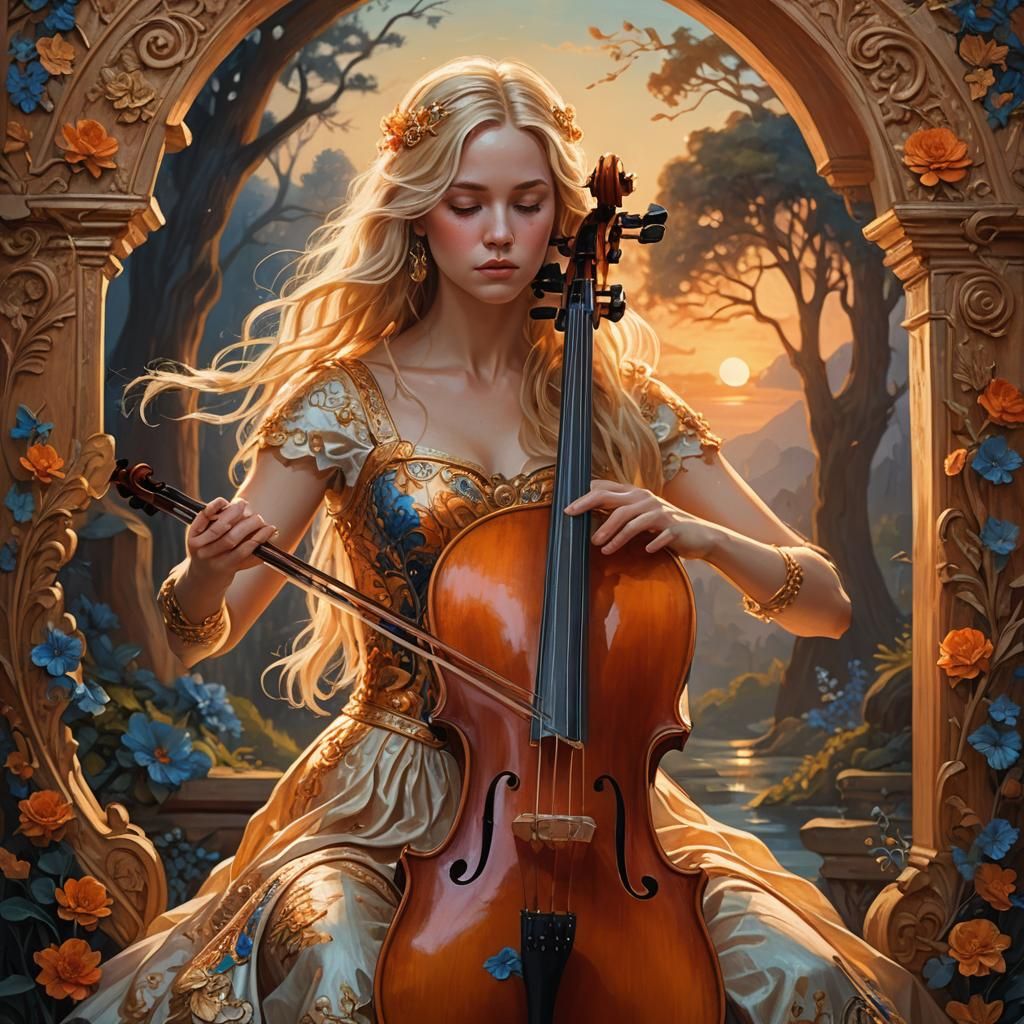 Goddess Plays Cello in Oil Painting Style