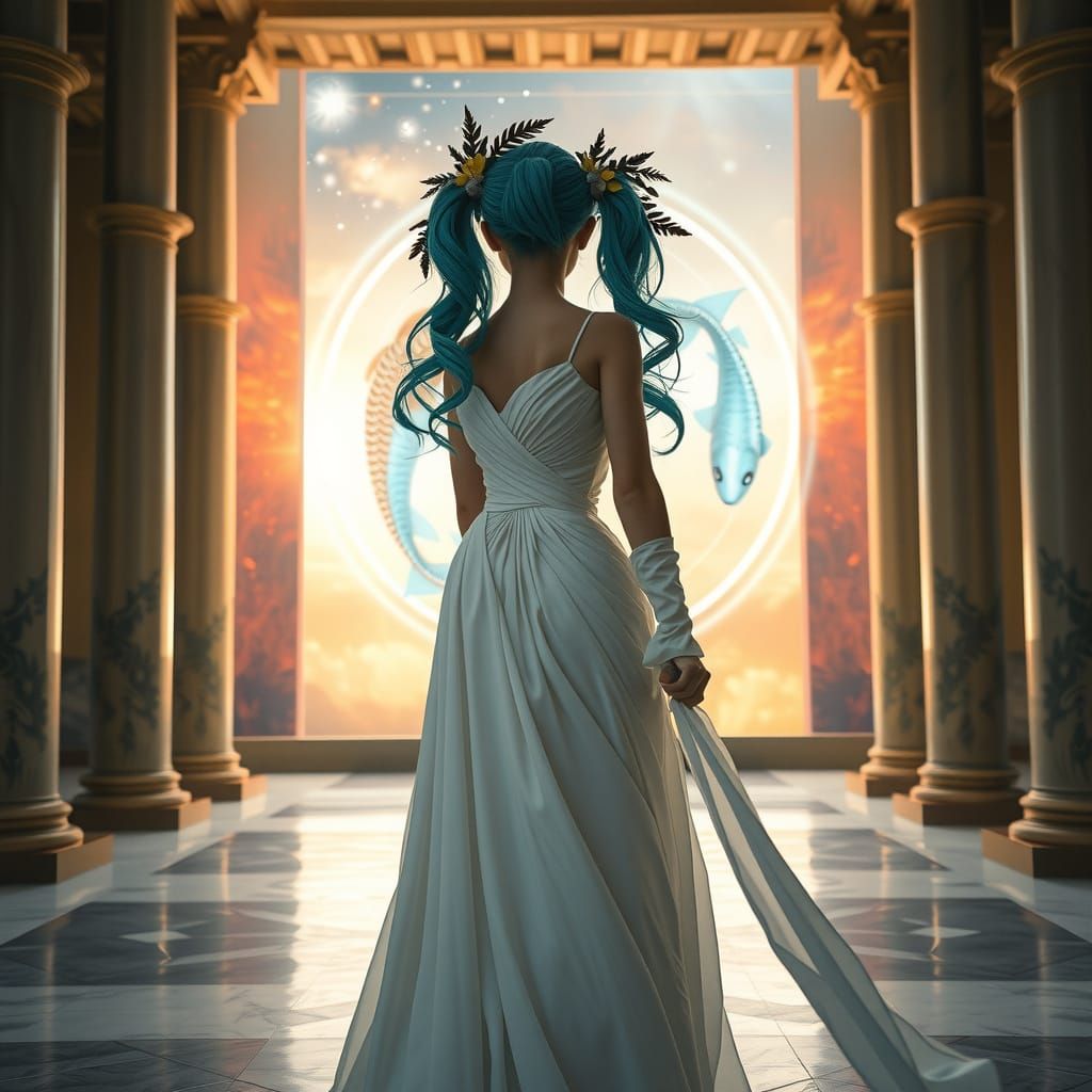 Greek Priestess Amidst Cosmic Whirlpools in Shimmering Blues