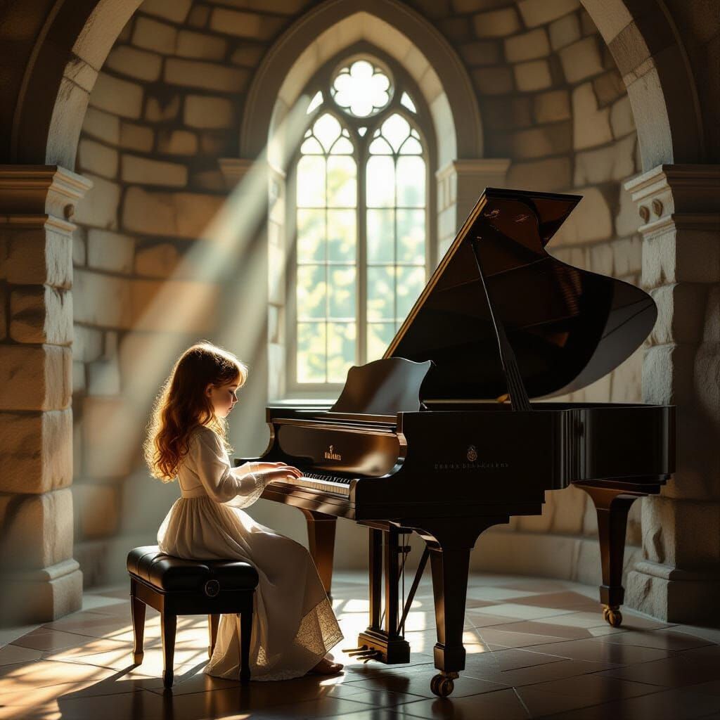 Girl Playing Piano in Sunlit Tower, Pre-Raphaelite Style