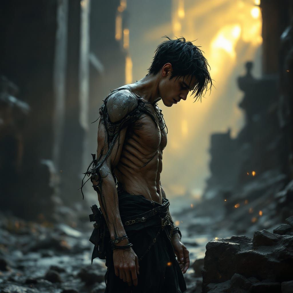 Worn Young Man Crippled by Chronic Pain: Digital Matte Paint...