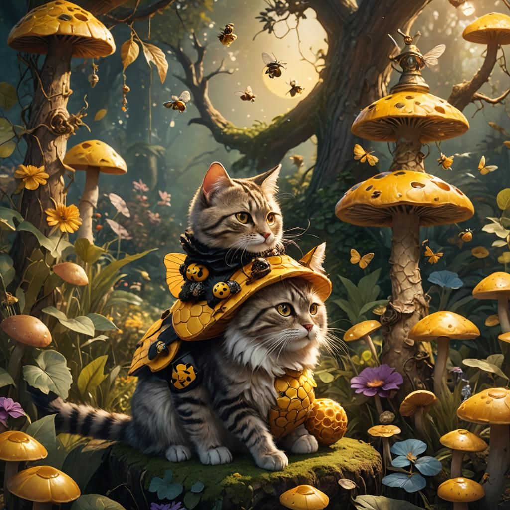 Cat in Bee Costume on Mushroom, Fantasy Art