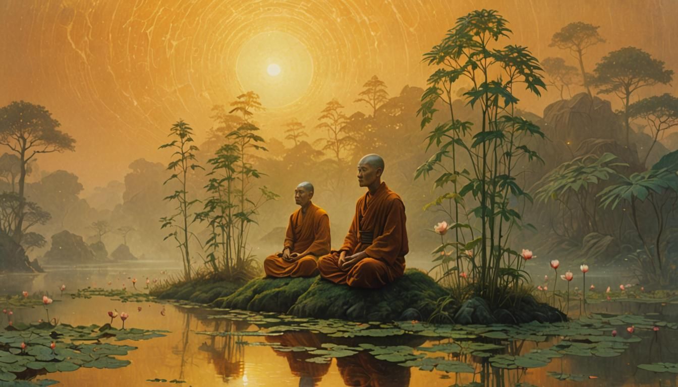 Meditating Monk on Lotus in Mystic Art Style