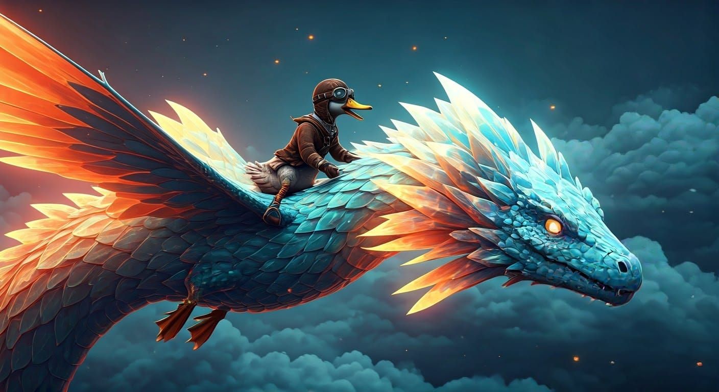 Duck and Serpent Soar Through Vibrant Cloudscape in Anime-In...