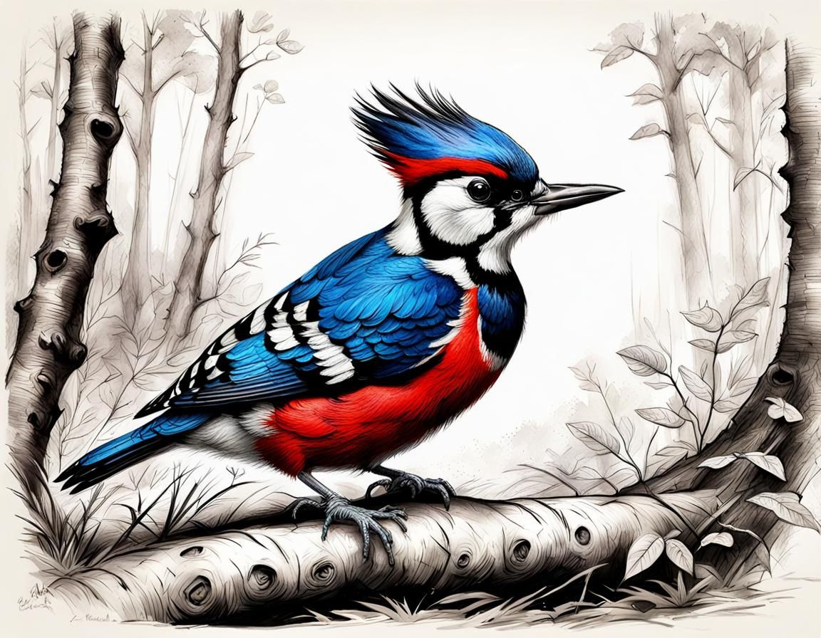 Baby Woodpecker in Forest: Charcoal Sketch