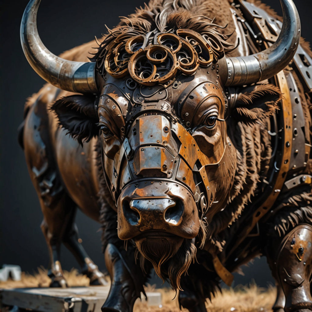 Scrap Metal Bison Sculpture: Hyperrealistic Art
