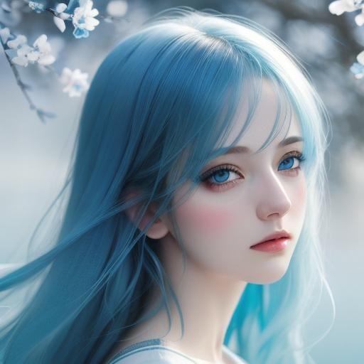 Blue-Haired Woman Portrait in Watercolour Pastel Style