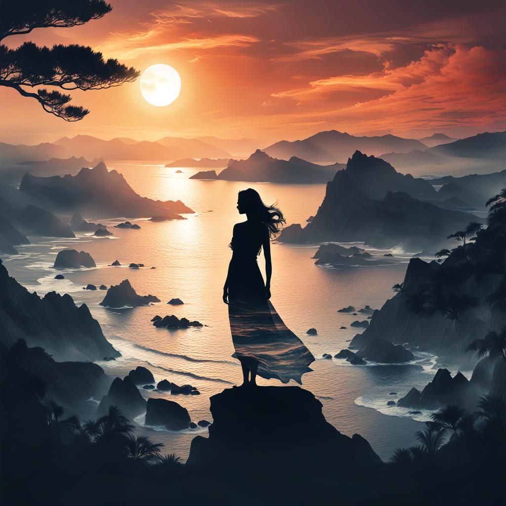 Goddess Silhouette with Sunset Coast in Double Exposure