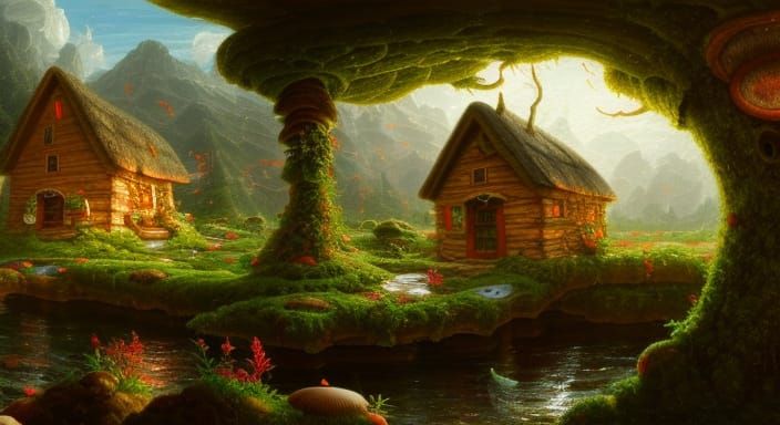 Mushroom Cottage Landscape in Hudson River School Style