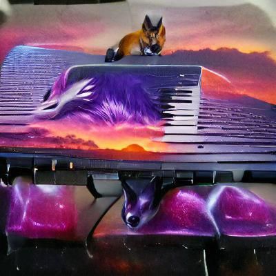 Purple Fox on Keyboard in Synthwave Sunset Style