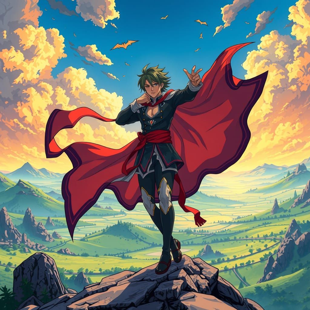 Anime Hero in Mystical Landscape, Manga Scan Style