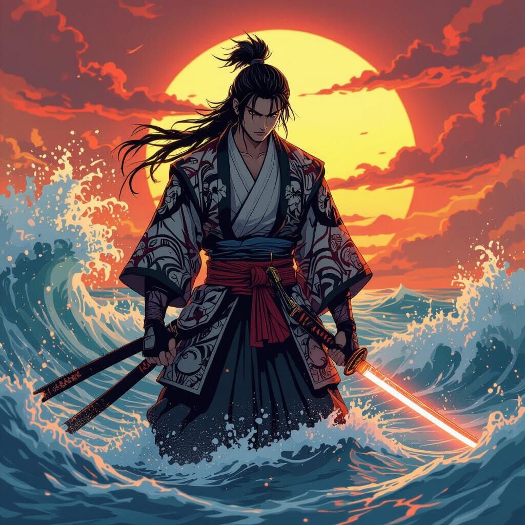 Anime Warrior with Glowing Katana in Fiery Sunset