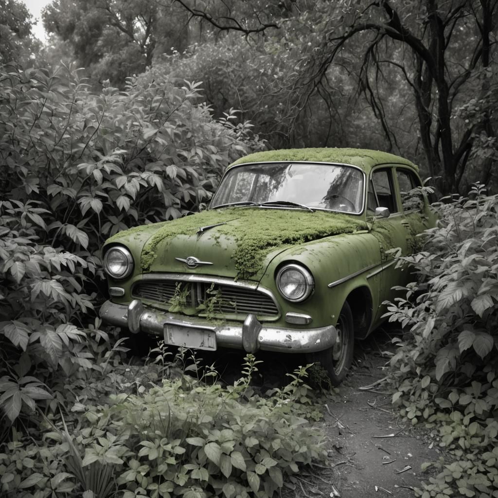 Monochrome Green: Abandoned Car in Wild Vegetation