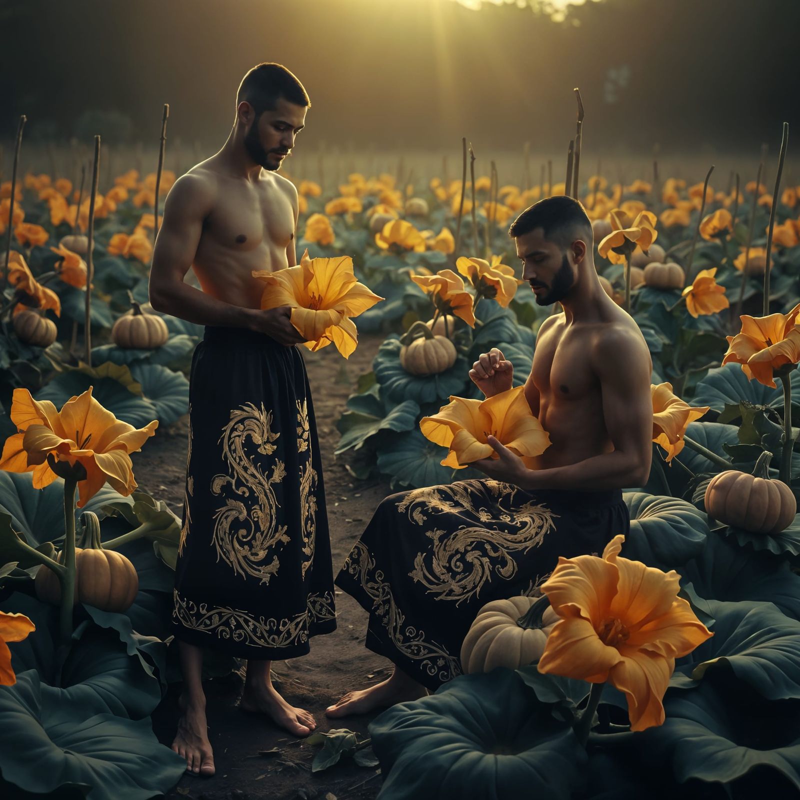 Thai Men in Pumpkin Field, Pre-Raphaelite Style