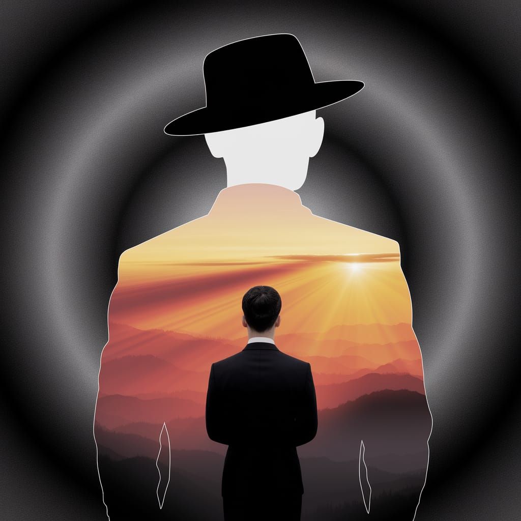 Man in Black Suit Contemplates Mountain Sunset