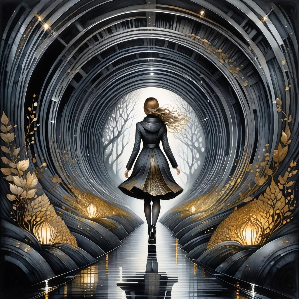 Girl in Dark Tunnel: Ink Watercolor Illustration