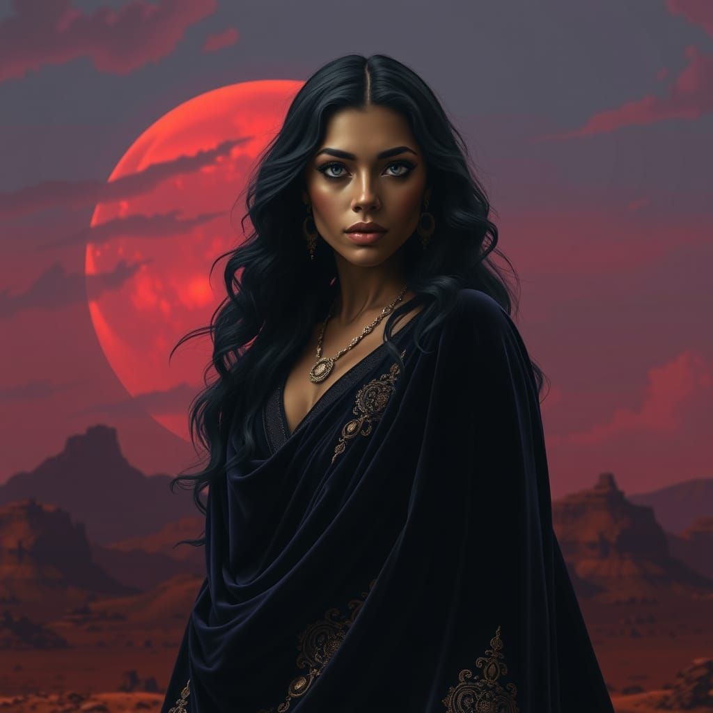 Majestic Woman on Crimson Planet in Mythopoeic Art