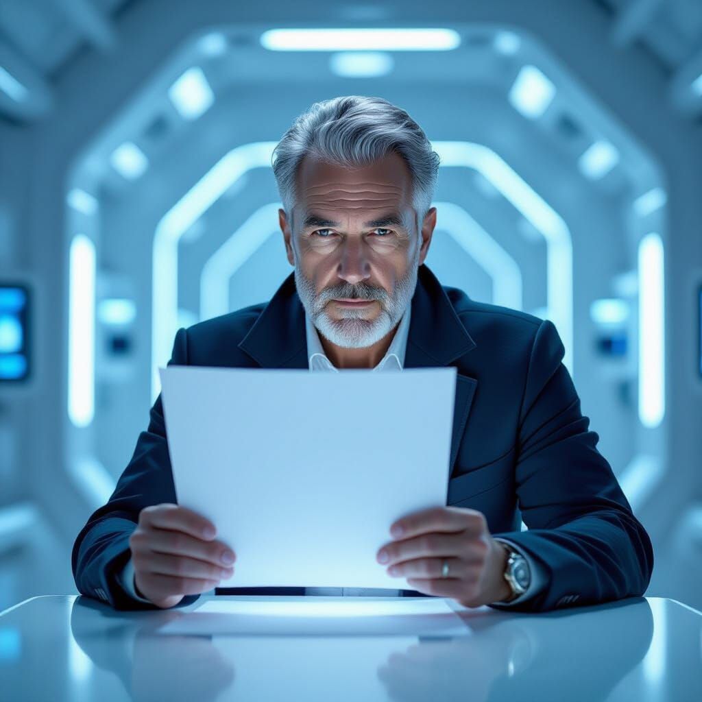 Man Contemplates Blank Paper in Futuristic Medical Bay
