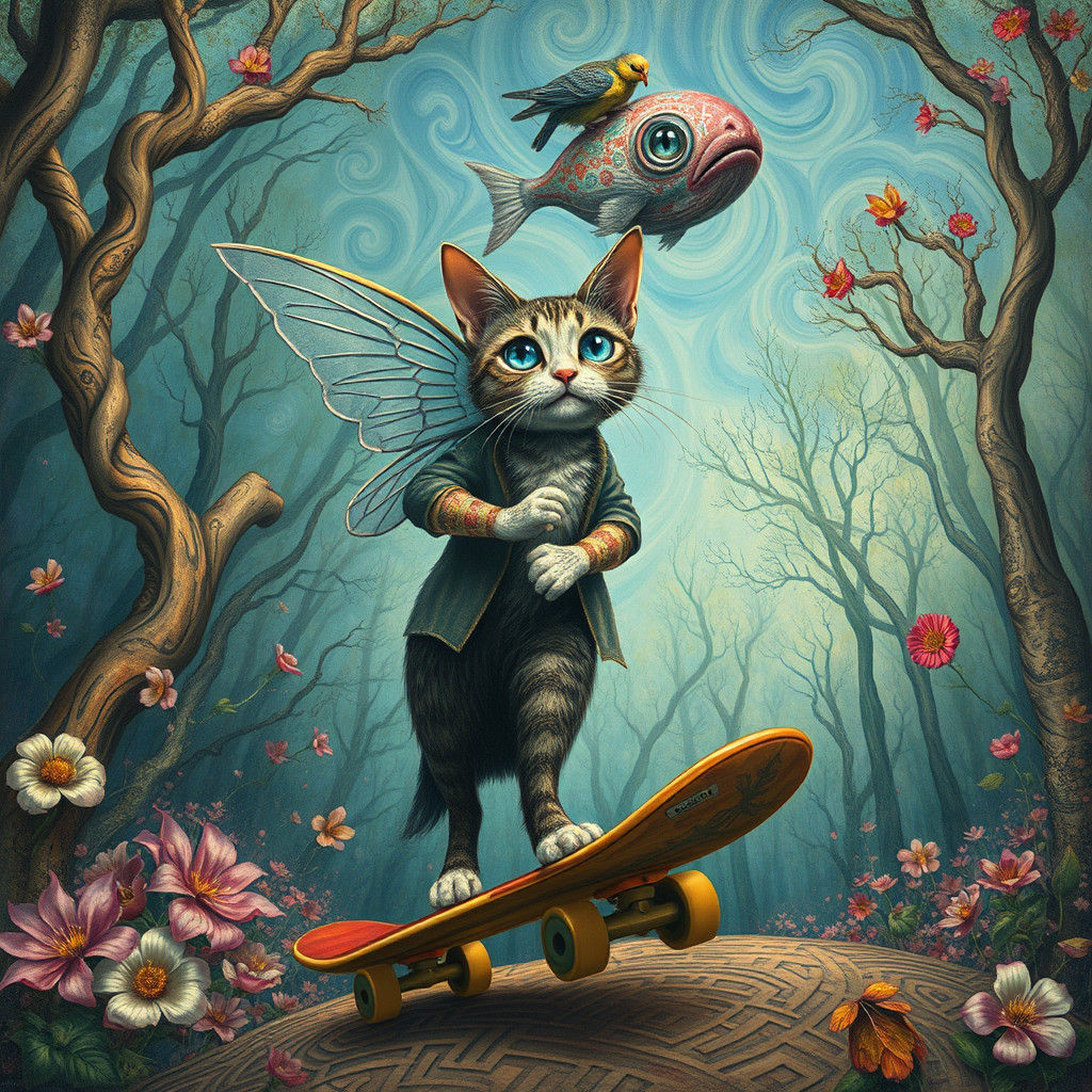 Surreal Sky Fish in Dreamlike Forest, Art Brut Style