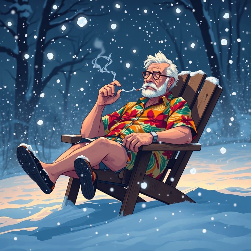 Elderly Man Smokes Cigarette in Blizzard Wonderland