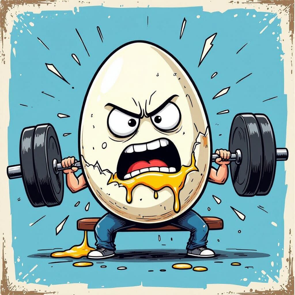 Funny Egg Man Struggles with Bench Press in Comic Style