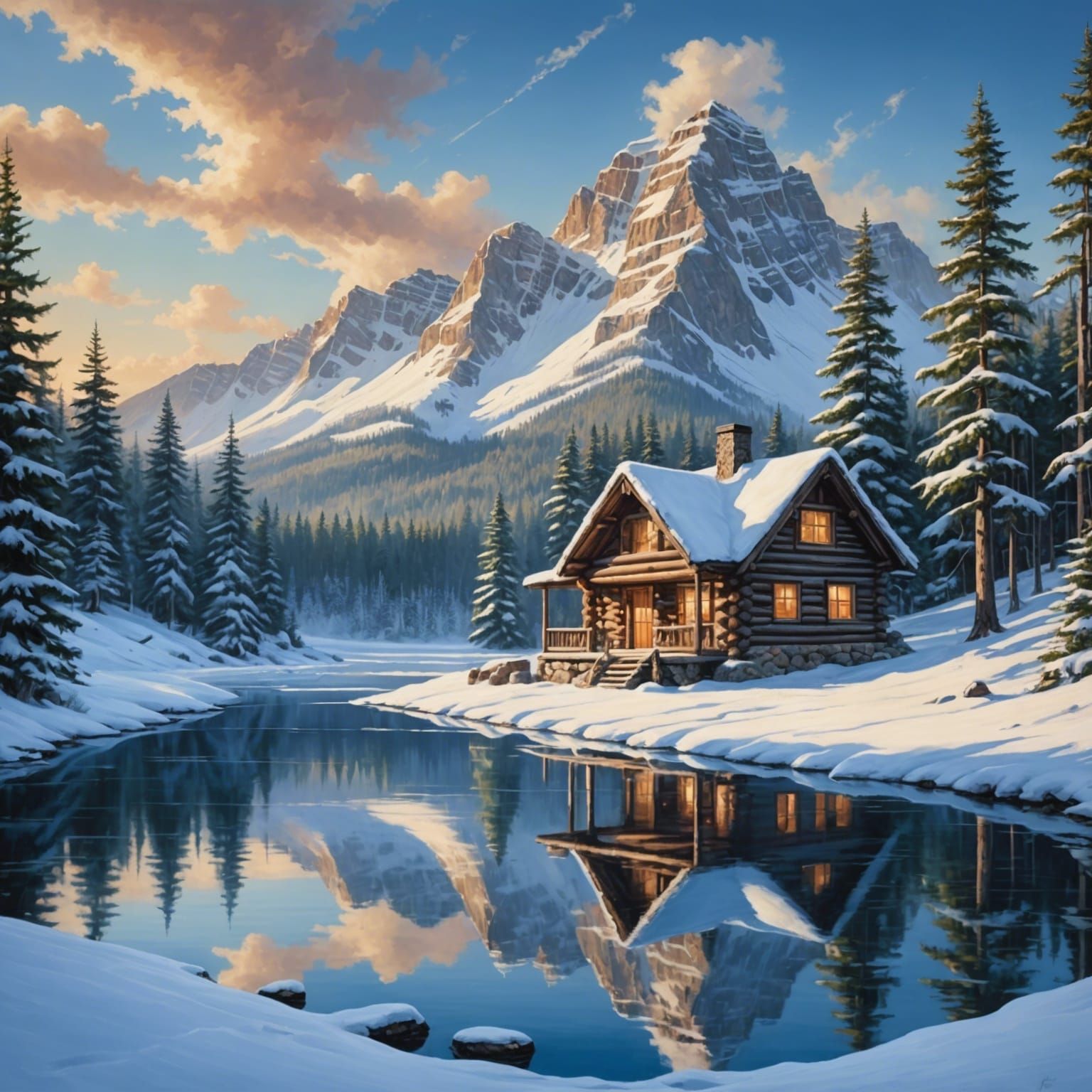 Winter Landscape with Log Cabin Digital Painting