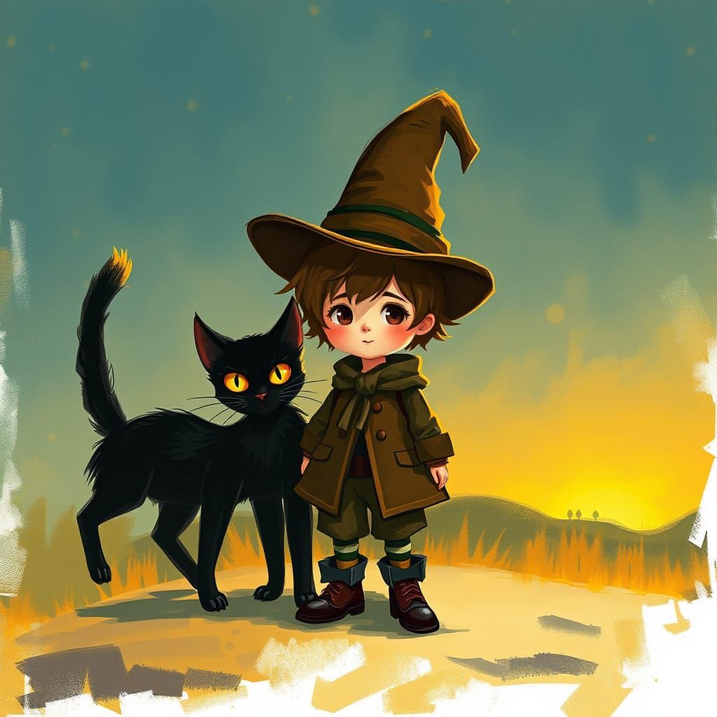 Storybook Child and Mischievous Cat in Twilight